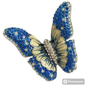 Vintage Blue Butterfly Cocktail Ring Statement Size 7 9 Crystal Rhodium Plated